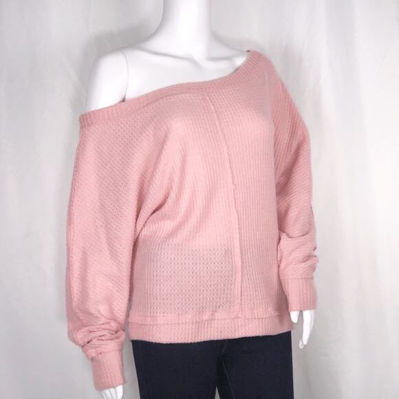 Caslon xNordstrom Pink Waffle Texture Off Shoulder Long Sleeves Top SzS NWT - Picture 1 of 11